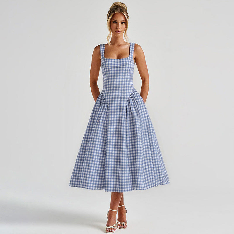 Princess silhouette checkered midi dress, square neck, for women. Elegant and perfect for warm weather fashion.