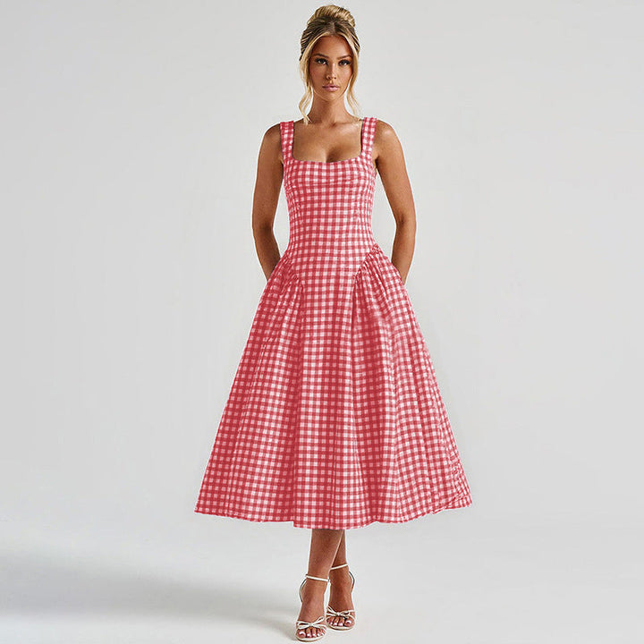 Fashionable women's checkered midi dress, square neck design, and a flowing princess cut. Shop elegant style.
