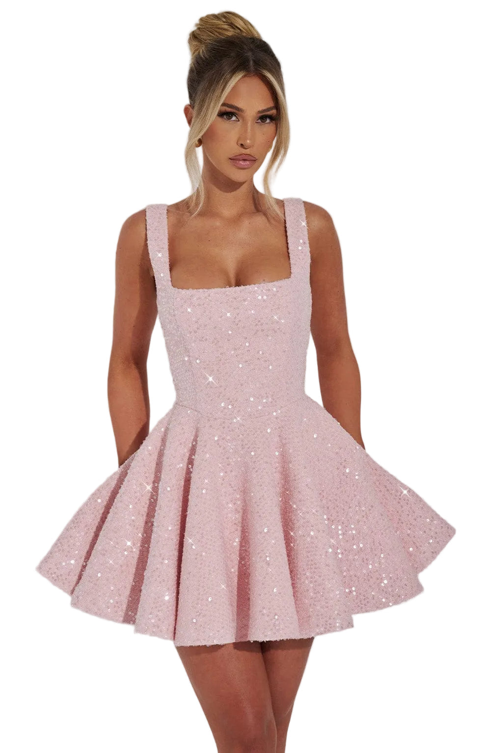 Stylish white flared mini dress for women featuring a delicate bow & square neck, ideal occasion wear.