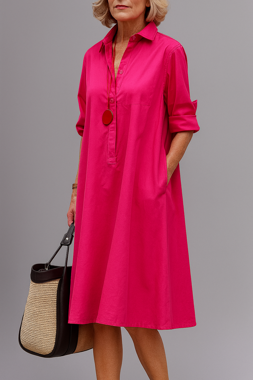 Women's pink flowy midi dress for comfortable, stylish everyday wear. Perfect for spring & summer elegant casual looks.