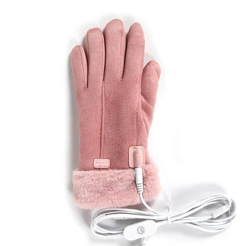 Women's pink rechargeable heated winter gloves with touchscreen capability for ultimate warmth & outdoor comfort.