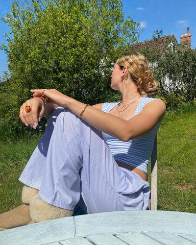Green women's relaxed fit lounge trousers with elastic waist. Lightweight, comfortable, and perfect for everyday casual style.