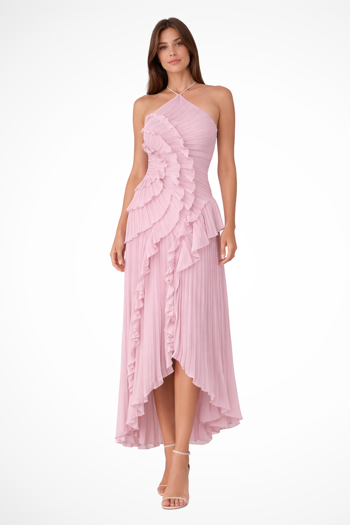 Women's pink ruffled halter maxi dress, elegant and sleeveless for summer events or as a wedding guest.