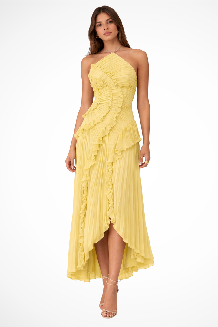 Chic white backless ruffled halter maxi dress, perfect for summer parties, beach weddings, or elegant occasions.