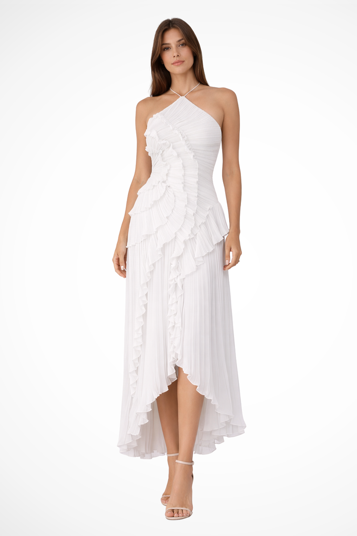 Flowing yellow sleeveless ruffled maxi dress, a vibrant and comfortable choice for summer outings and events.