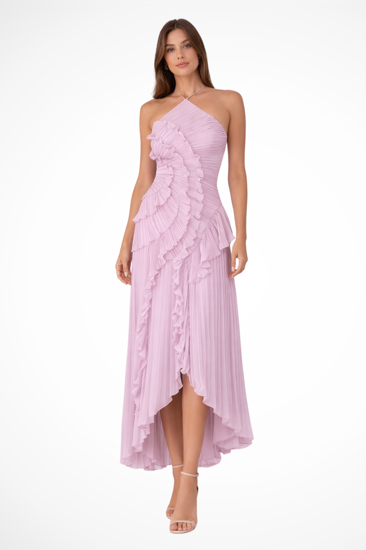 Elegant purple ruffled halter maxi dress, ideal event wear for summer parties or as a stylish wedding guest.