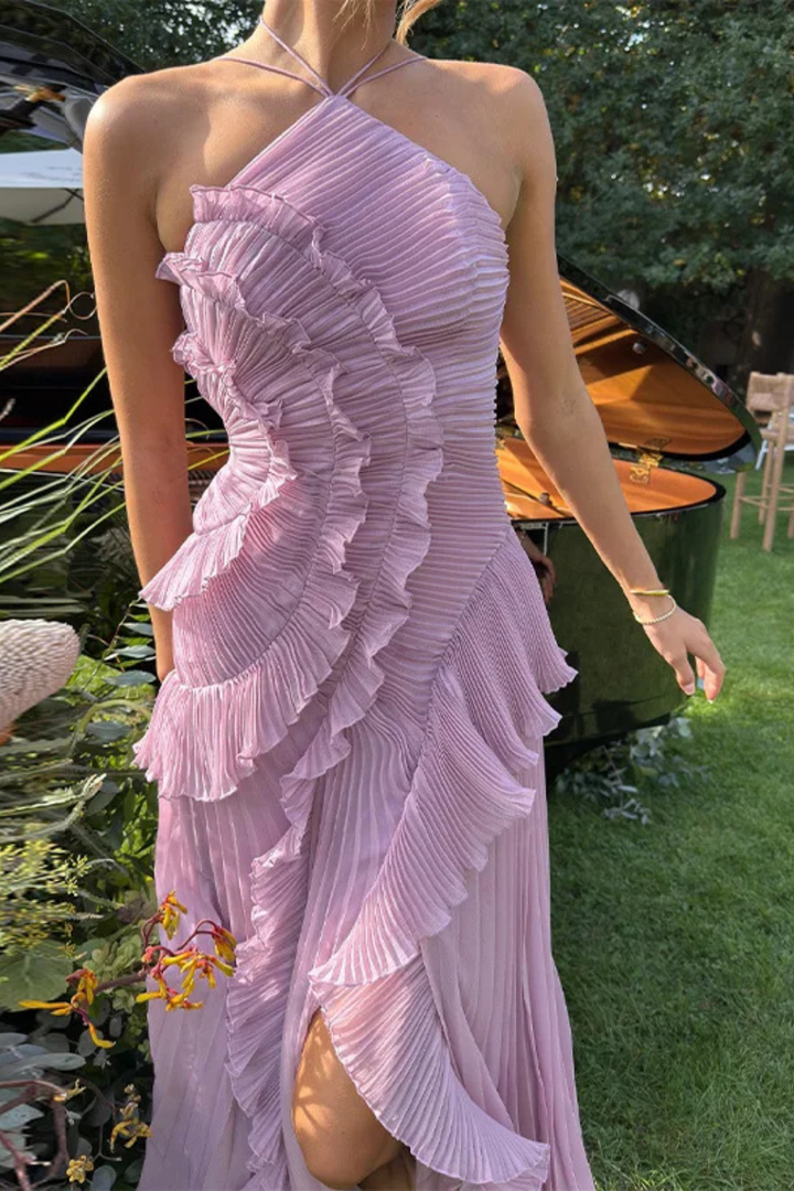 Delicate ruffled halter maxi dress in a soft pink, perfect for summer, formal events, or a wedding guest.