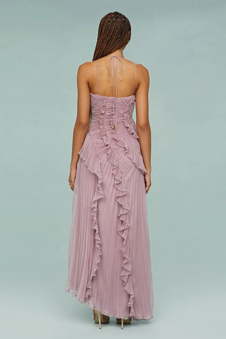 Sophisticated purple ruffled halter maxi dress, designed for elegance as a summer party or wedding guest outfit.