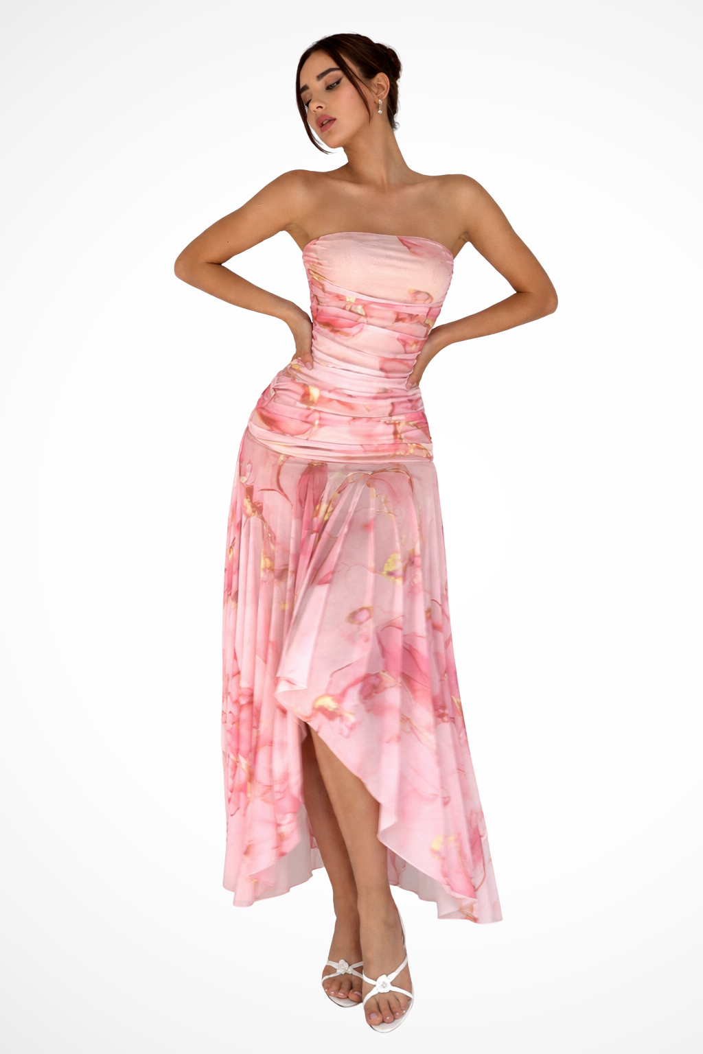 Women's pink strapless floral maxi dress, perfect for wedding guests, summer parties & special occasions.