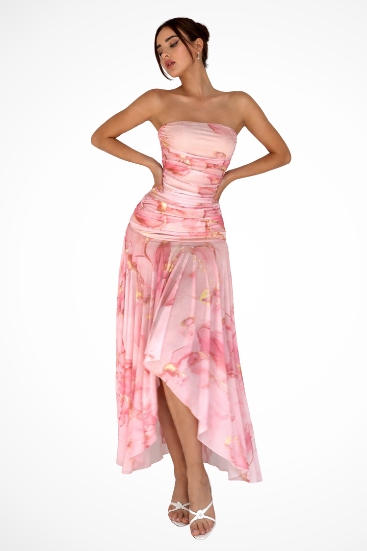 Women's pink strapless floral maxi dress, perfect for wedding guests, summer parties & special occasions.