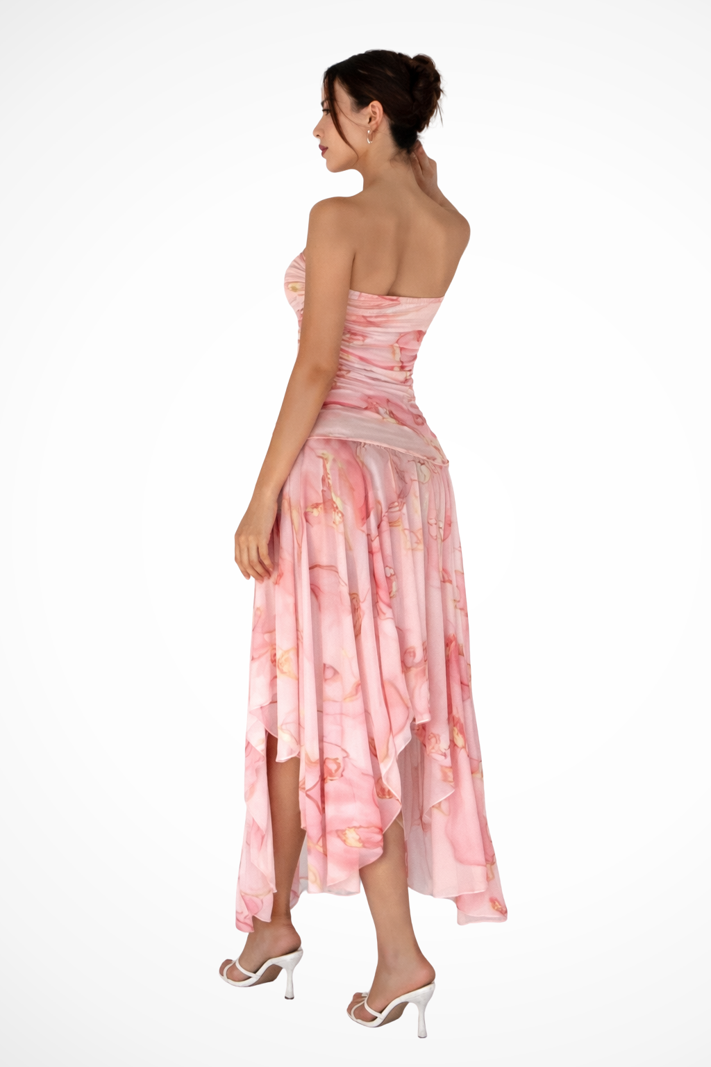 Beautiful women's pink floral strapless summer dress with a flowy maxi length, suitable for events.