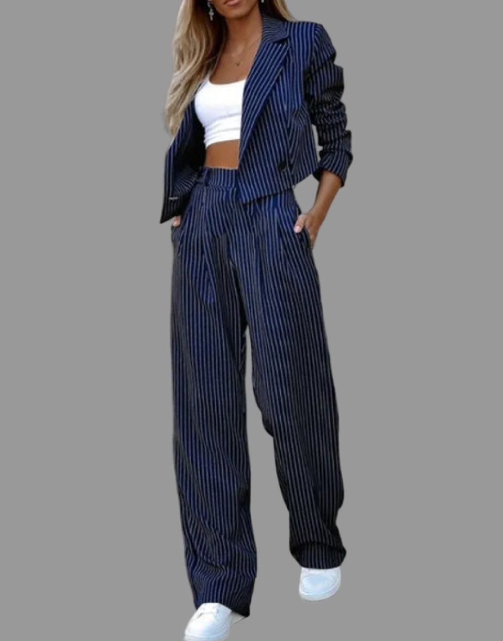 Women's pinstriped wide leg blazer suit set. Elegant two-piece business attire for professional office wear.