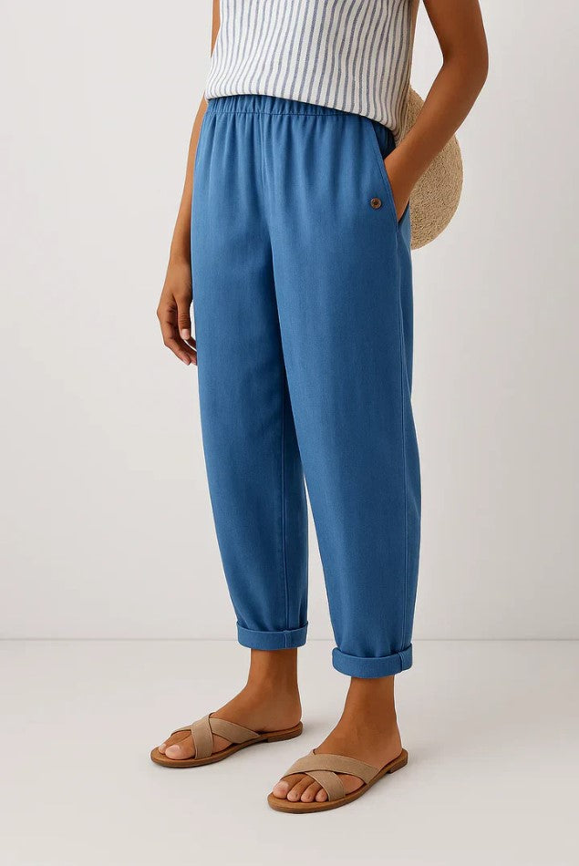 Lightweight cotton blend plain trousers for women, ideal for spring & summer casual outfits.