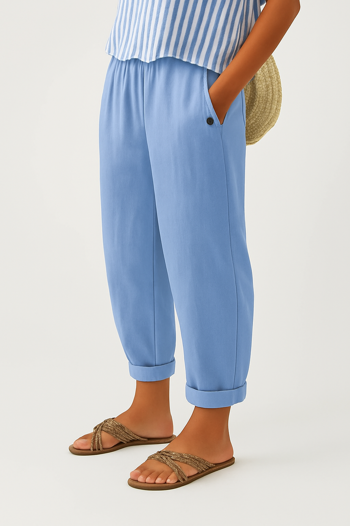 Soft cotton blend women's everyday trousers, offering ultimate comfort and a timeless plain design.