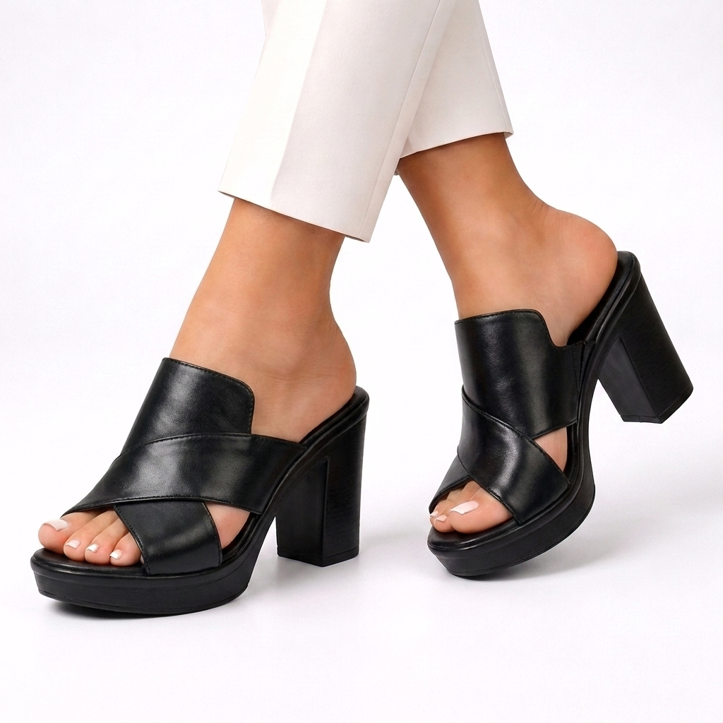 Stylish women's open-toe platform sandals, featuring a comfortable block heel & crisscross design.