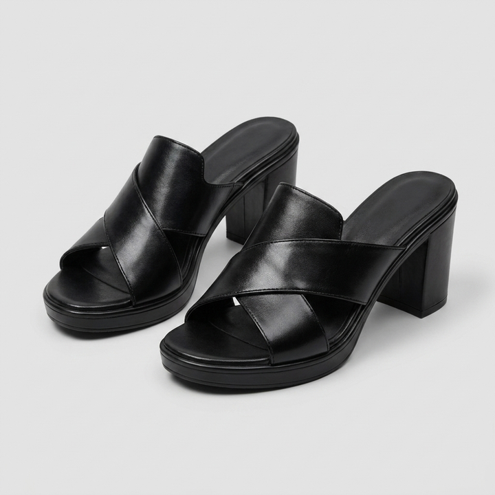 Elegant women's platform sandals with a sturdy block heel & chic crisscross straps. Open toe footwear.