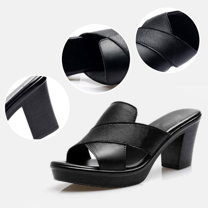 Women's platform block heel crisscross sandals. Open-toe summer footwear for casual & dressy occasions.