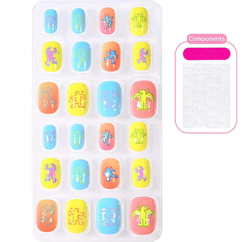 Effortless cartoon press-on nails for women, vibrant and simple application.