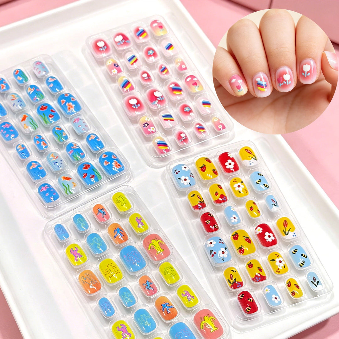 Youthful cartoon press-on nails for women, easy application & vibrant style.