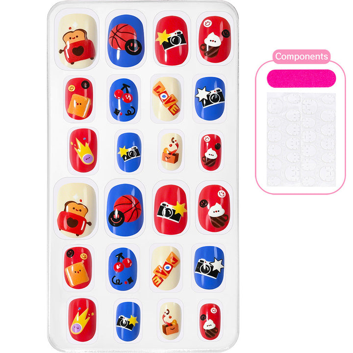 Long-lasting cartoon press-on nails, vibrant colors & easy application.