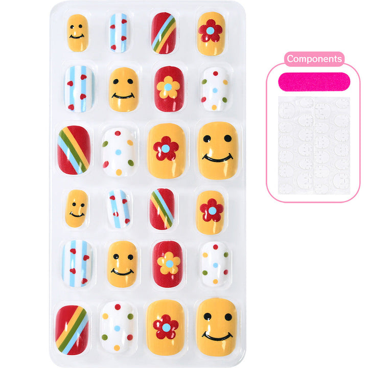 Women's press-on nails with playful cartoon art, easy & durable.