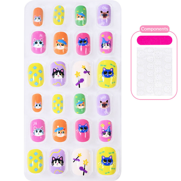 Whimsical cartoon character press-on nails for a playful women's manicure.