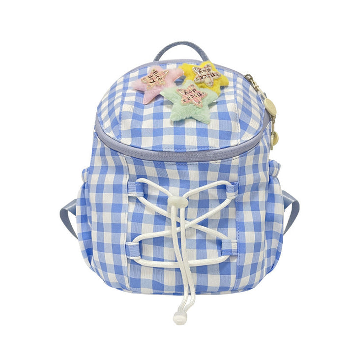 Compact women's mini backpack featuring a unique star graphic and classic gingham design. Perfect for daily use.