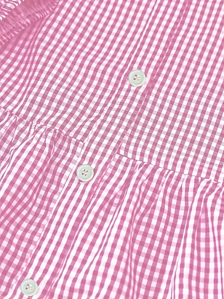 Striped women's mini dress, a playful summer design with tiered details and fashionable puffed sleeves.