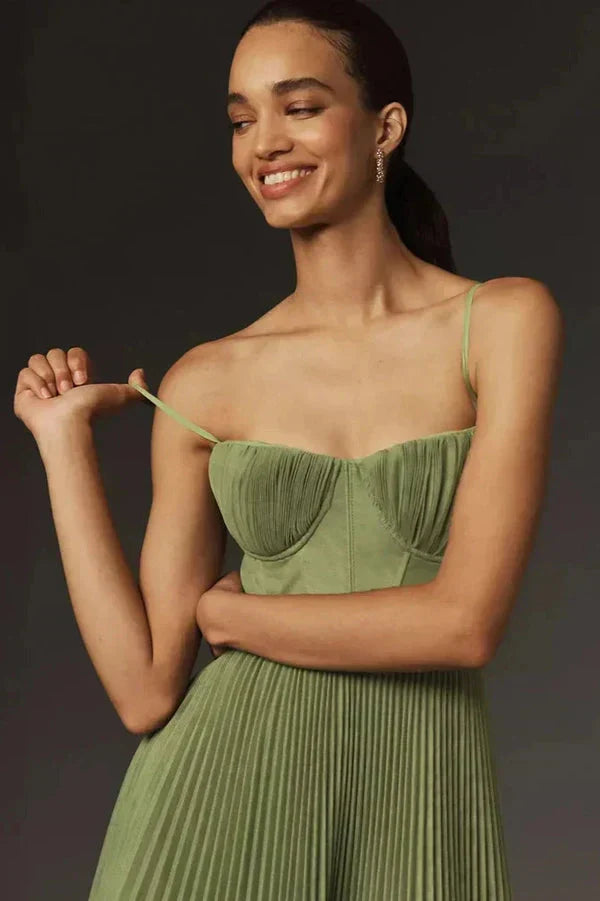 Elegant women's A-line midi dress, pleated skirt, bustier top. Ideal sophisticated party or evening wear.