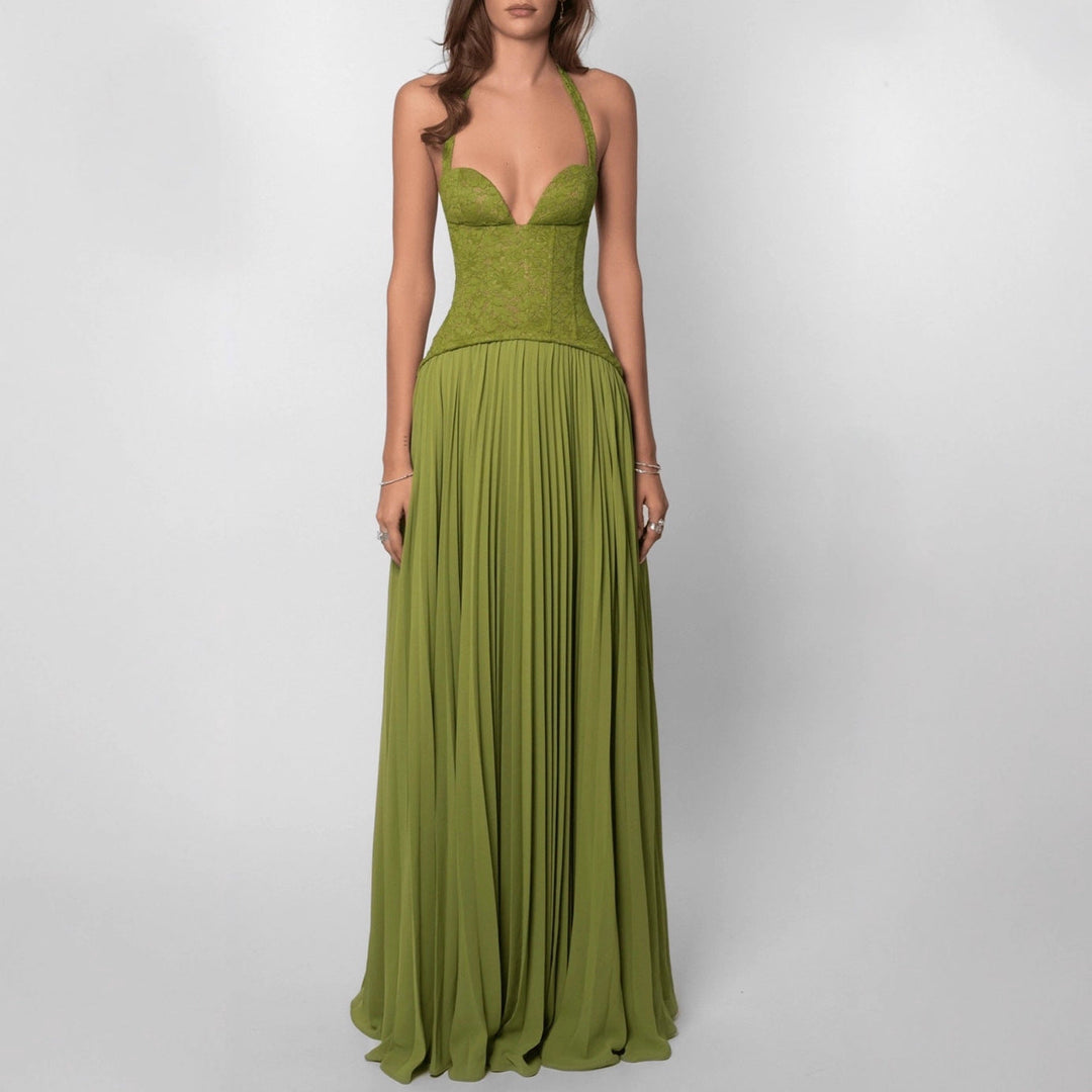 Women's pleated halterneck maxi dress, perfect as an elegant wedding guest or formal evening gown.