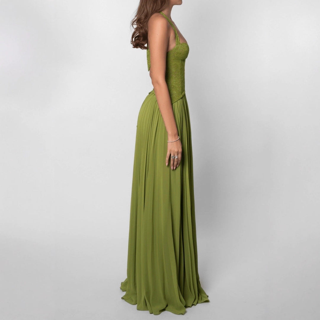 Formal women's pleated maxi dress, elegant halterneck style for wedding guests & evening events.
