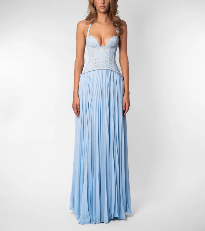 Sophisticated women's pleated halterneck maxi dress, a perfect formal gown for wedding guests.