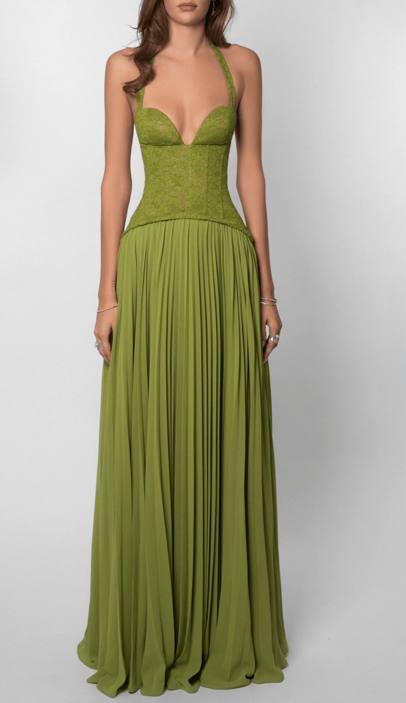 Comfortable & elegant women's pleated halterneck maxi dress, ideal for wedding guest attire.