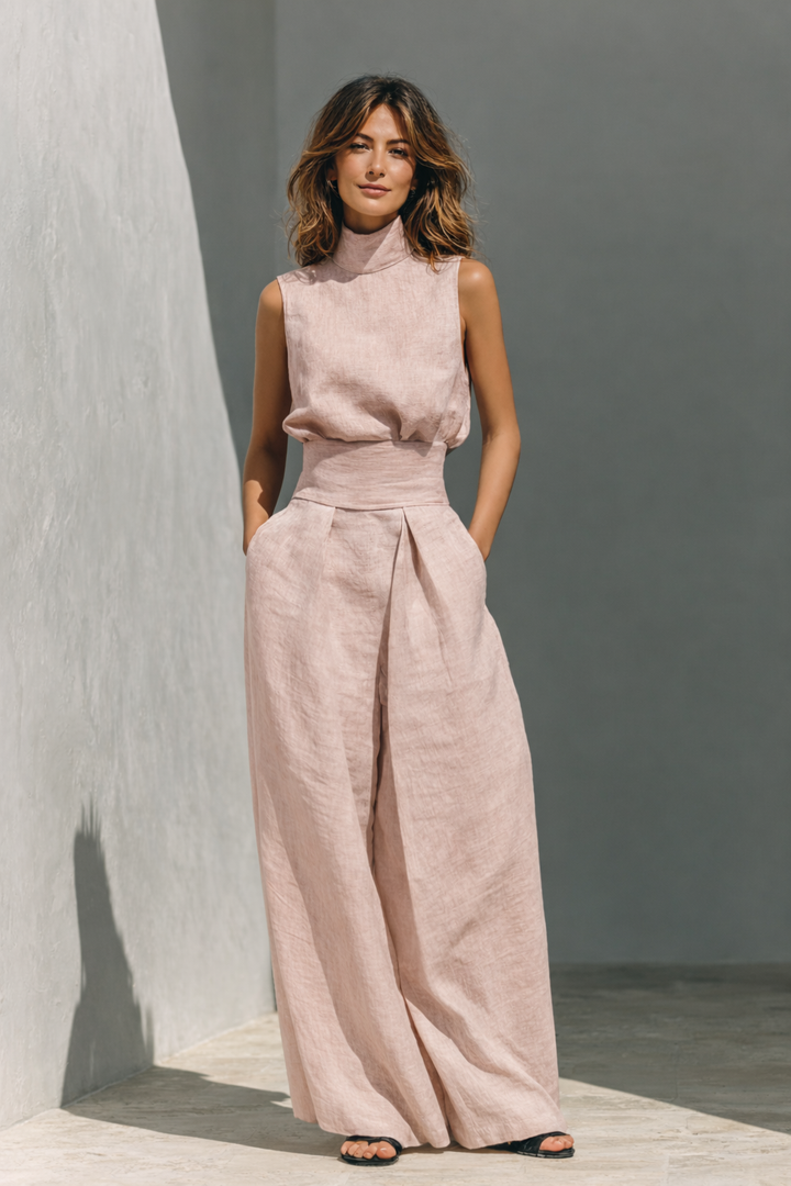 Comfortable women's high-waist pleated two-piece set with a relaxed fit and functional side pockets.