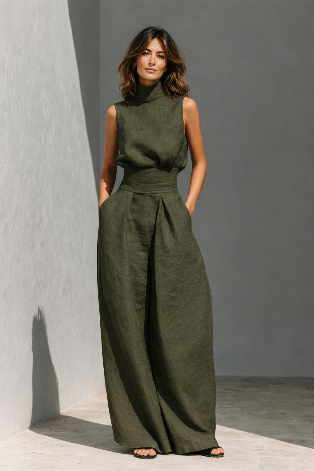 Elegant women's pleated high-waist two-piece loungewear set with a stylish textured finish and deep pockets.