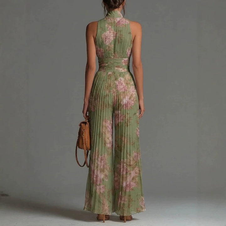 Elegant women's sleeveless wide leg jumpsuit with mock neck & pleats. Perfect for smart casual outfits.