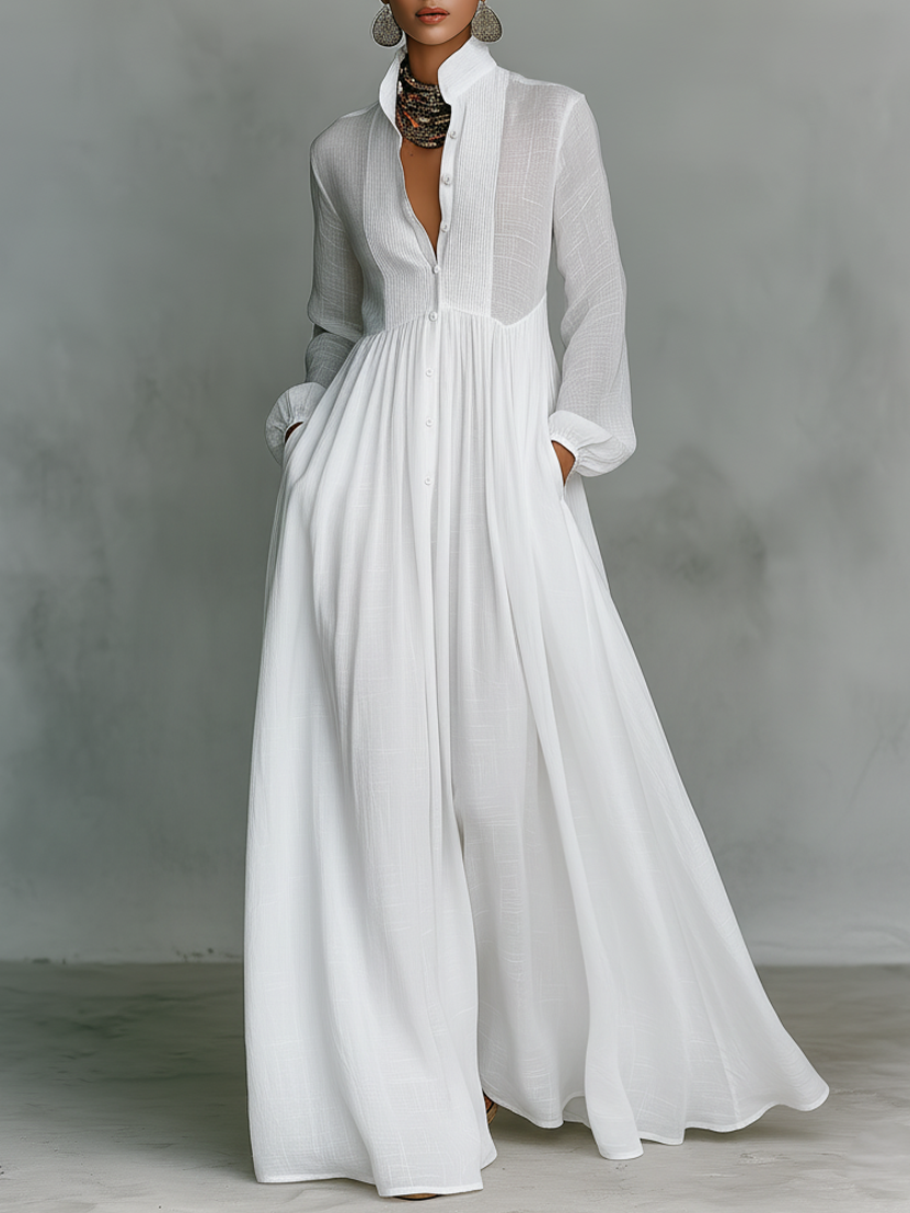 Women's pleated pintuck button front maxi dress. Casual, elegant, versatile for summer & autumn everyday wear.