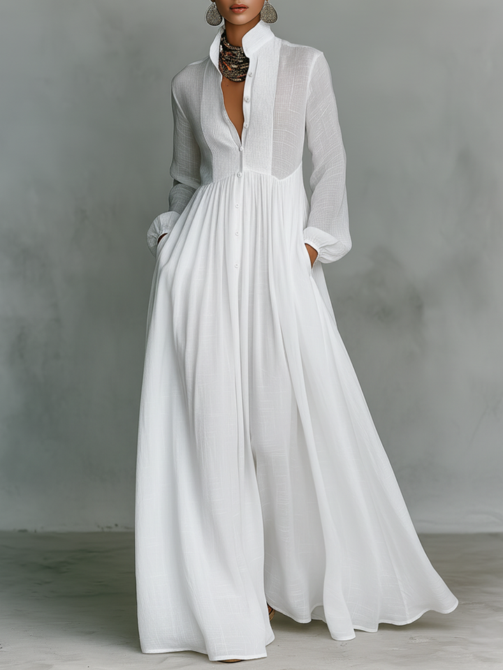 Women's pleated pintuck button front maxi dress. Casual, elegant, versatile for summer & autumn everyday wear.