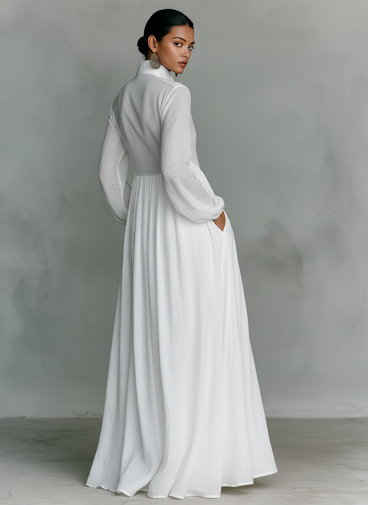 Elegant women's long sleeve maxi dress with stand-up collar, pintuck detail, and button front for casual wear.