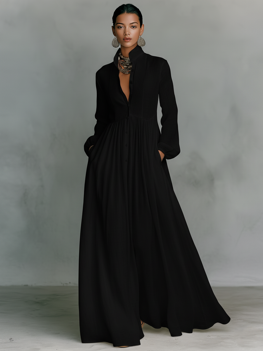 Versatile women's pleated button front maxi dress. Pintuck detail, long sleeves, ideal for casual summer & autumn.