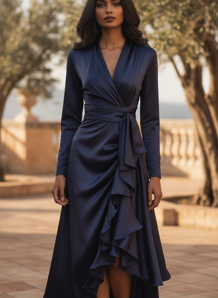 Women's pleated ruffle maxi dress in a rich jewel tone, perfect for elegant evening wear & formal occasions.