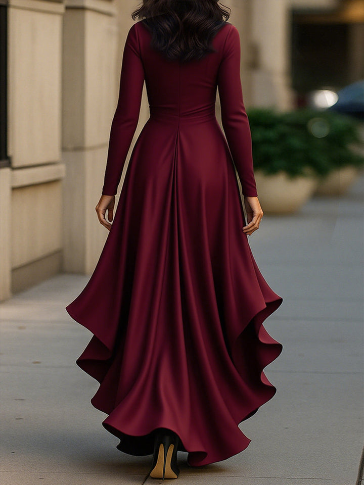 Sapphire blue women's V-neck pleated long sleeve maxi dress with ruffle hem, ideal for sophisticated occasions.