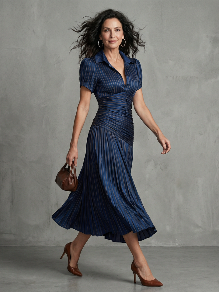 Women's pleated stripe midi dress with a stylish collared neckline and short sleeves. Casual summer wear.
