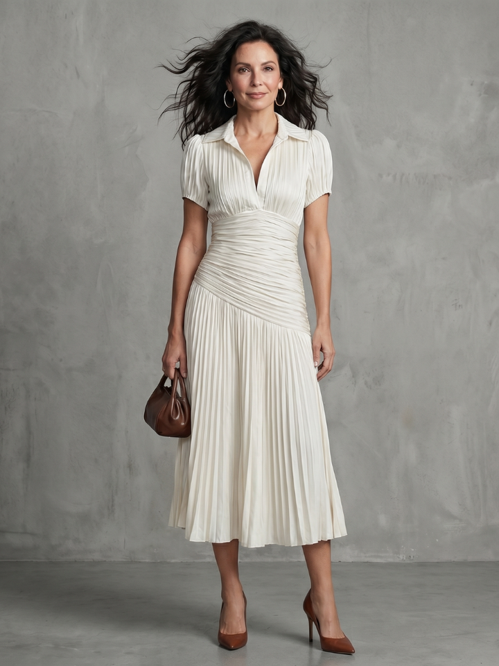 Relaxed fit women's collared stripe midi dress, elegantly pleated. Short sleeve for daily casual wear.