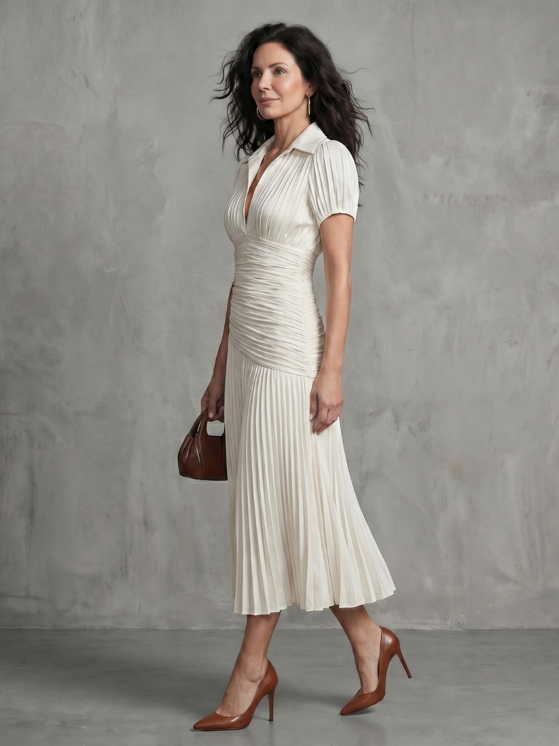 Women's summer style midi dress: striped, collared, and beautifully pleated. Short sleeves for coolness.