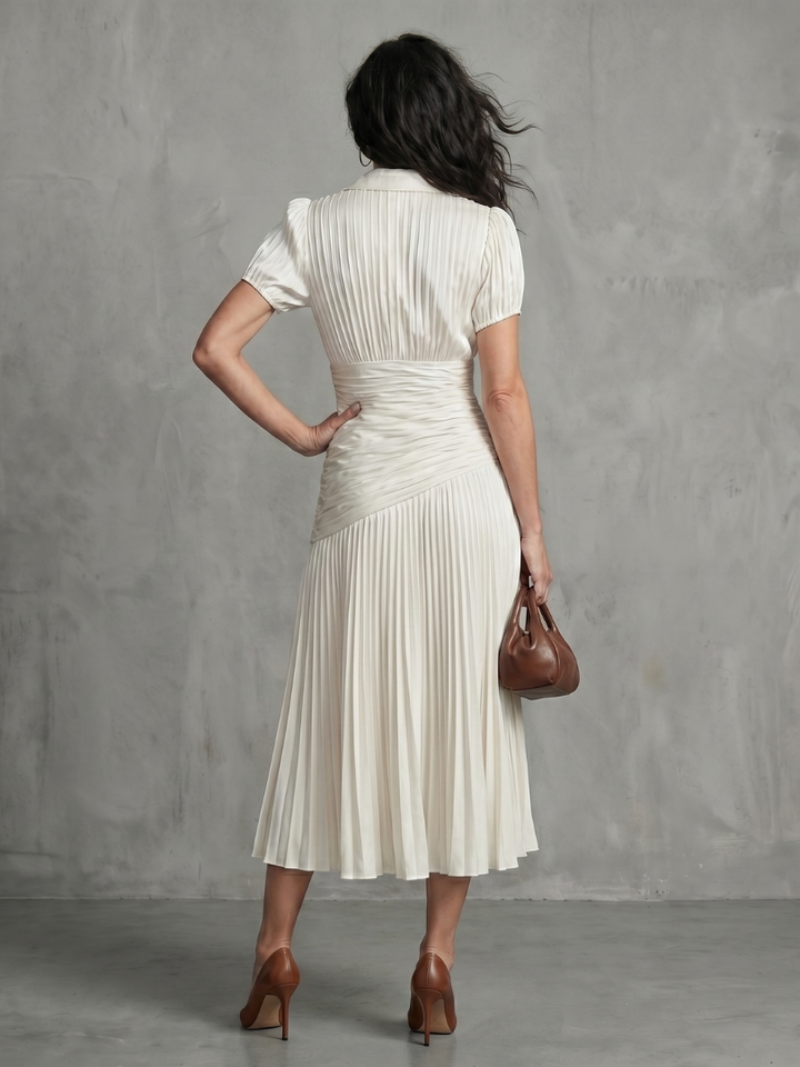 Graceful women's collared midi dress, featuring a striking stripe pattern and charming pleats.
