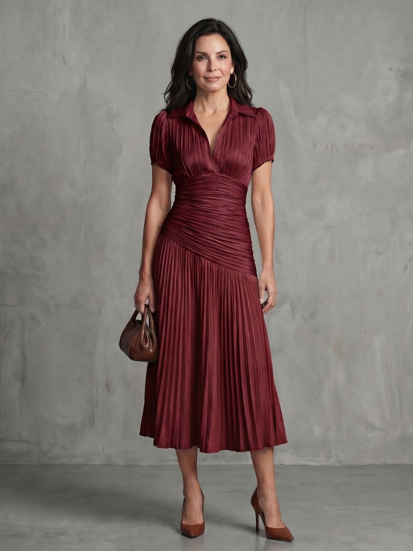 Sophisticated women's pleated midi dress, striped pattern, collared, and short-sleeved. Versatile style.