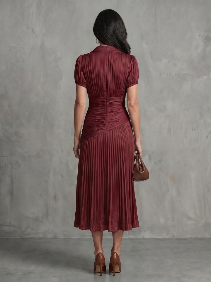 Stylish women's short sleeve pleated midi dress, striped, with a classic collared neckline for office.