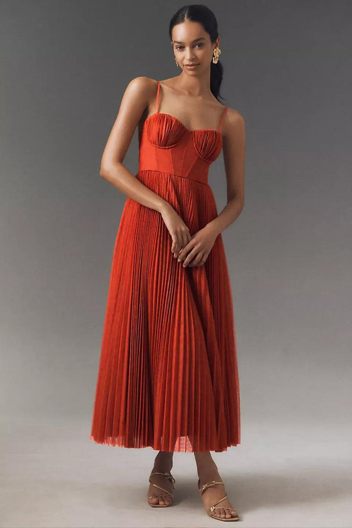 Blue corset-bodice pleated tulle midi dress. Elegant semi-formal slip dress for weddings & special occasions.