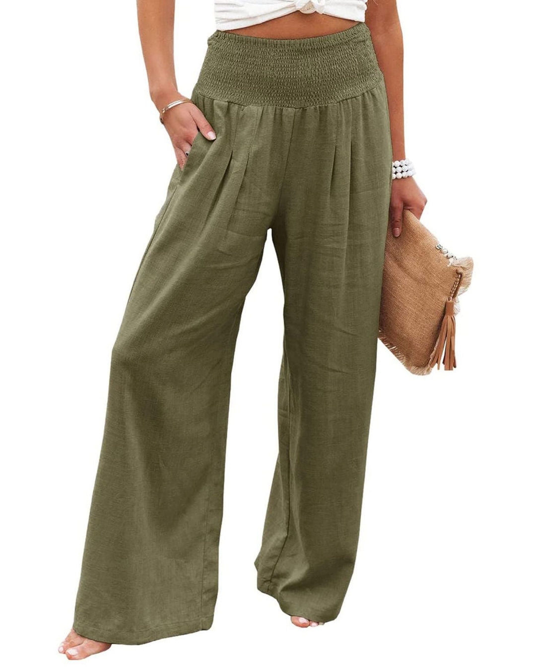 Women's summer wide leg trousers. Pleated design with elastic waist for a comfortable, flowy fit.